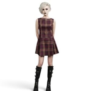 Commense Plaid Mini Dress Pleated Skirt Dark Academia Preppy Burgundy Large